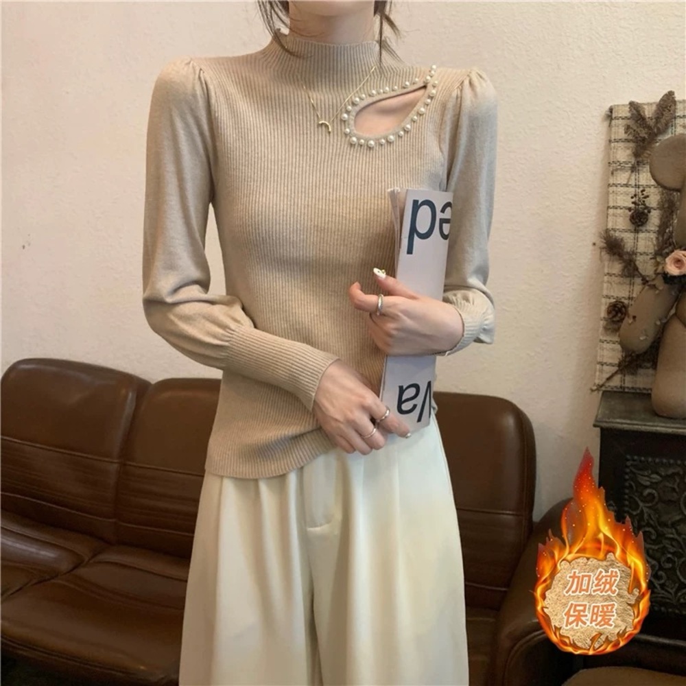 Sexy Hollow-Out Mock Neck Knit Top – Women’s Long Sleeve Sweater with Pearl